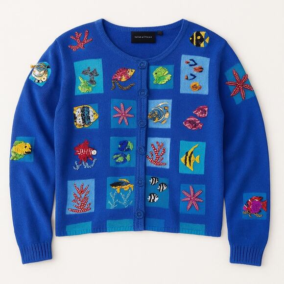 VTG Michael Simon y2k Ocean Aquarium Wearable Art Cardigan Sweater 2X Blue Fish - Picture 2 of 13